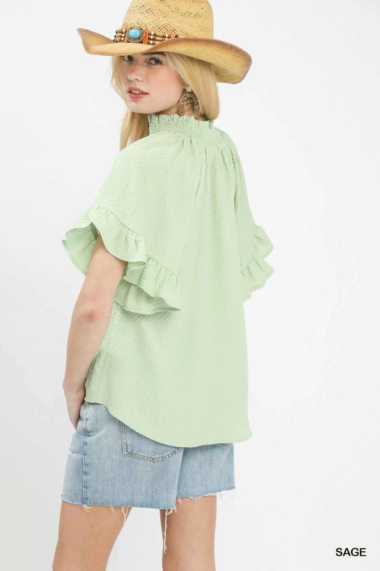 Umgee Textured Ruffle Sleeve Blouse