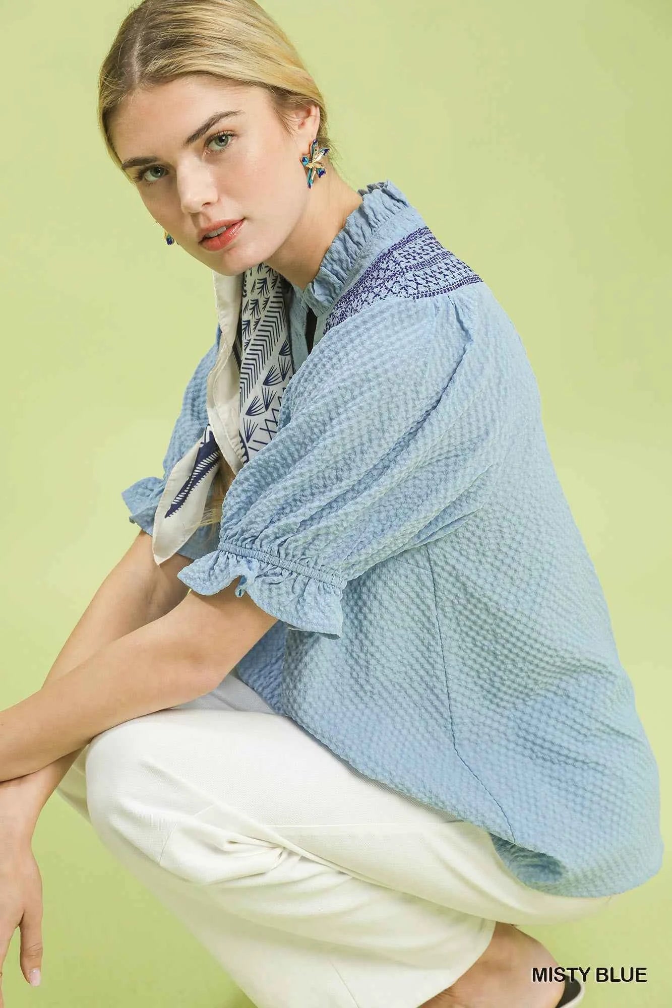 Umgee Textured Henley Blouse with Ruffle Cuffs