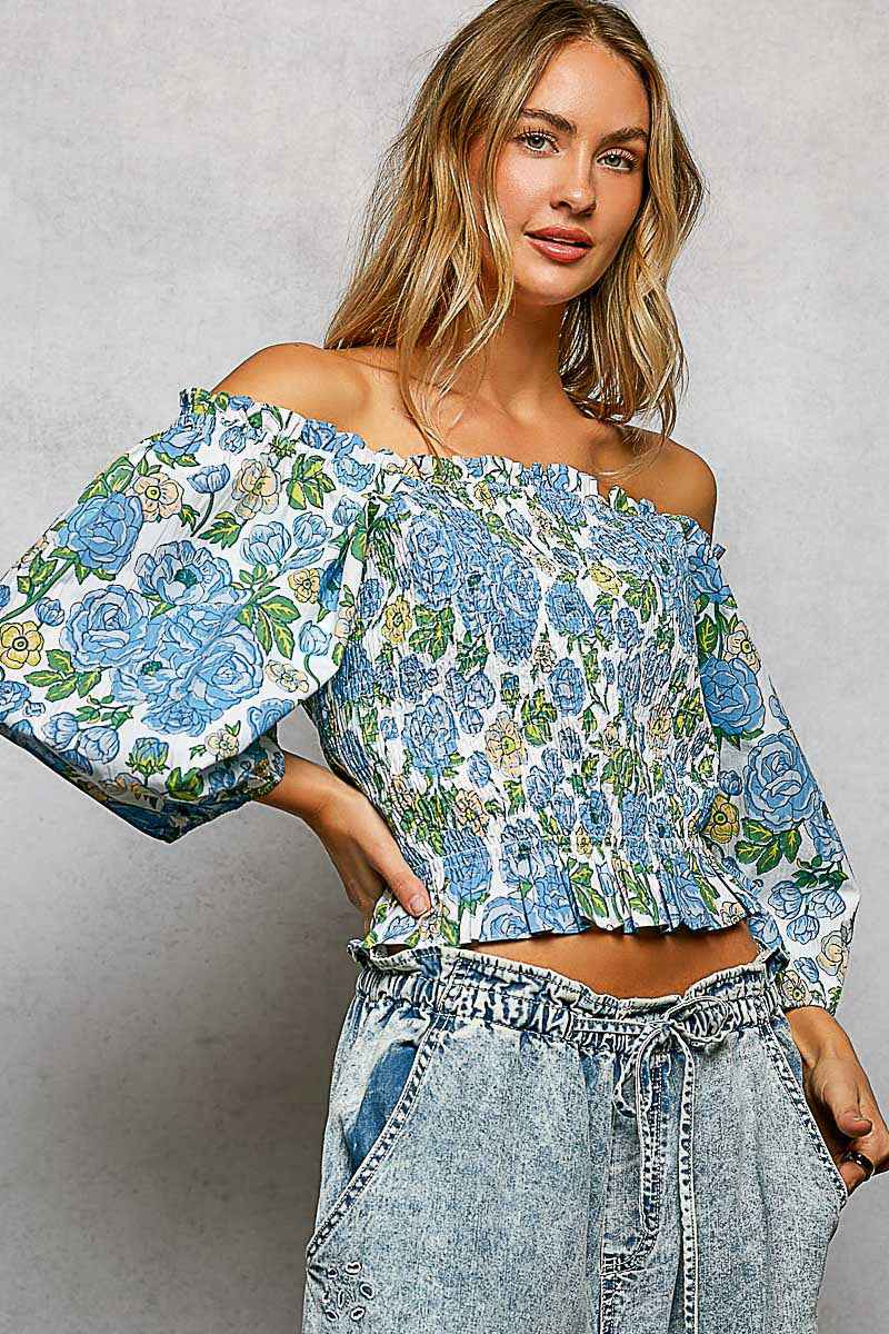 POL Floral Print Smocked Off-Shoulder Blouse