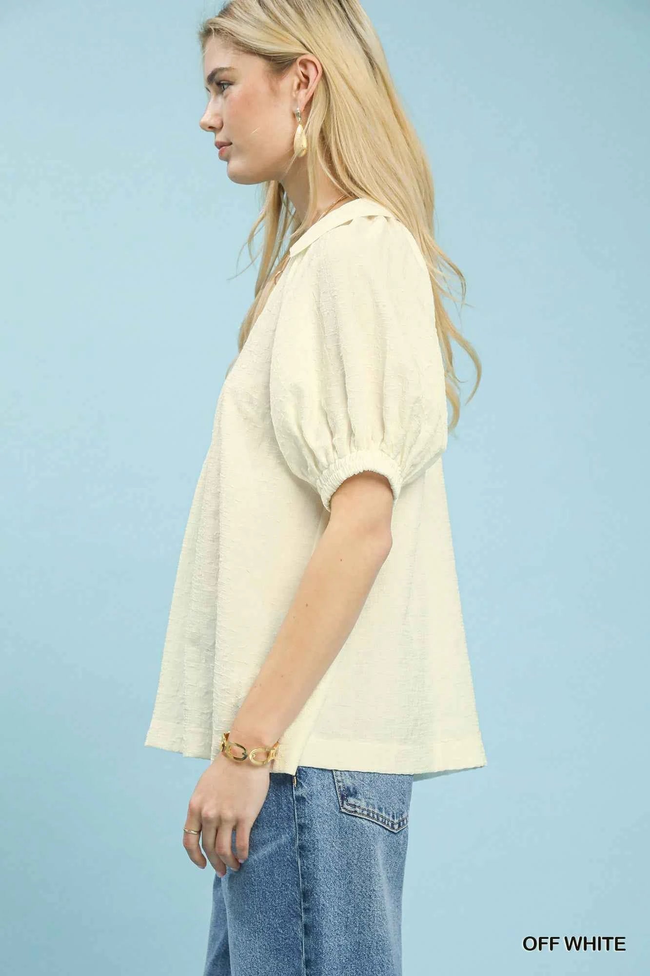 Umgee Textured Trim Detail Short Sleeve Top