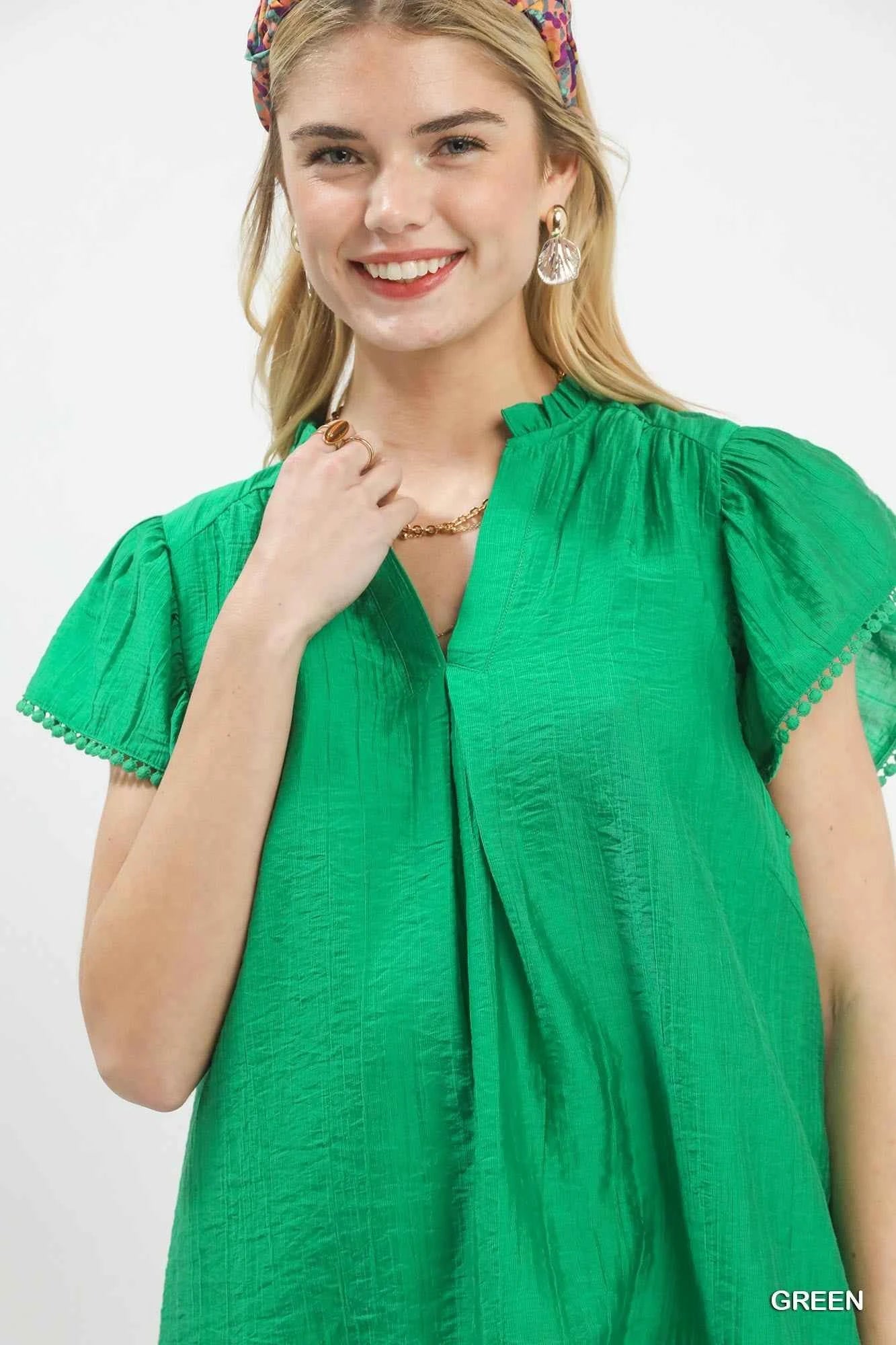 Umgee Flutter Sleeve Relaxed Top with Trim Detail