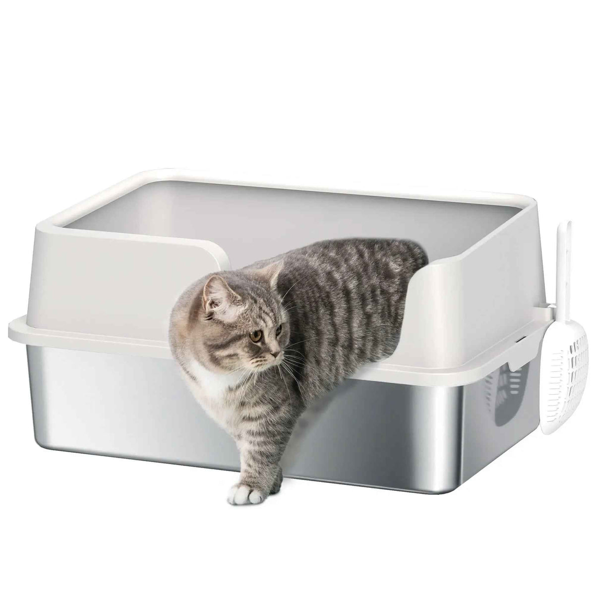 Stainless Steel Litter Box with High Side, Scoop for Big Cats