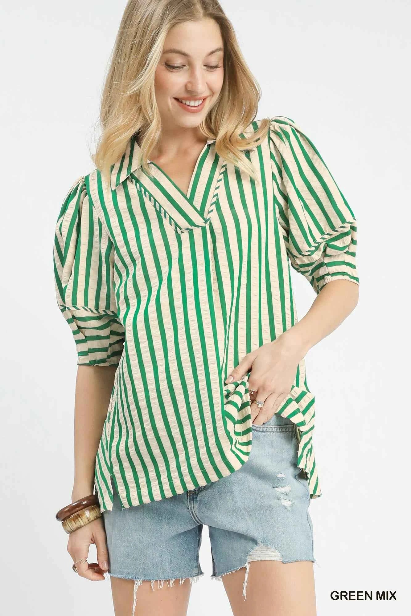 Umgee Striped Puff Sleeve Blouse