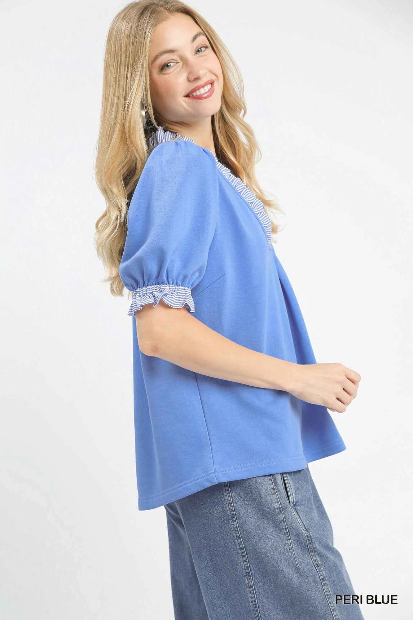 Umgee French Terry Ruffle Trim Puff Sleeve Top
