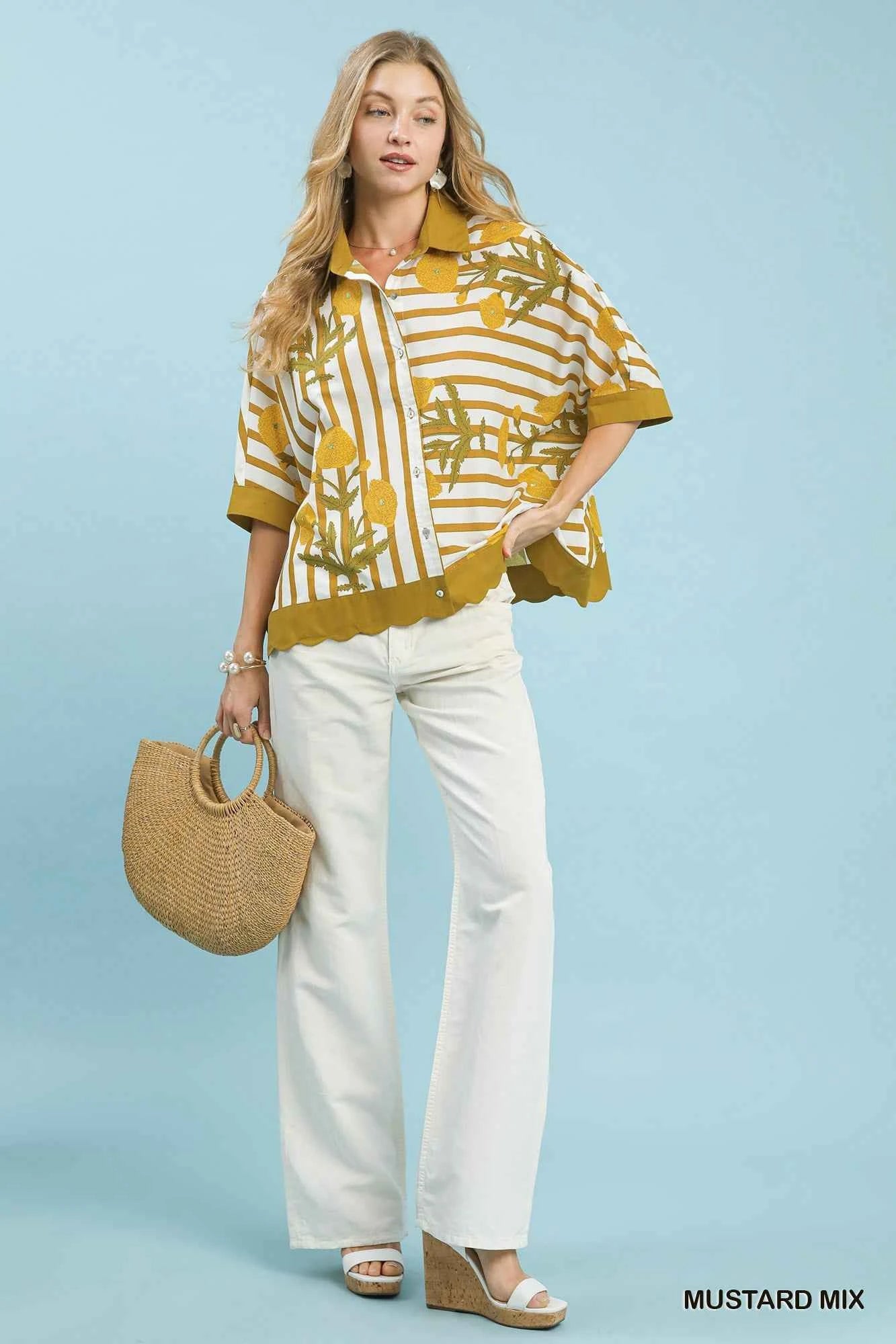 Umgee Mix Floral Stripe Button Down Top