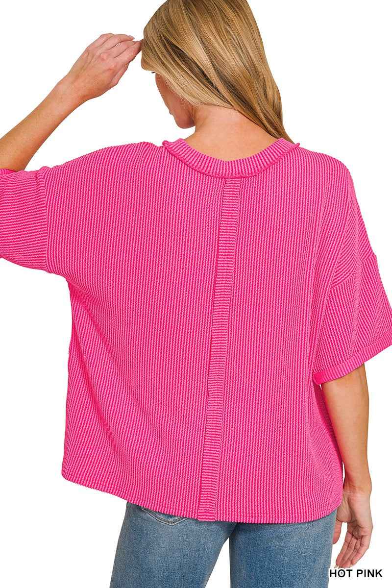 Zenana Raised Rib Short Sleeve Front Pocket Top