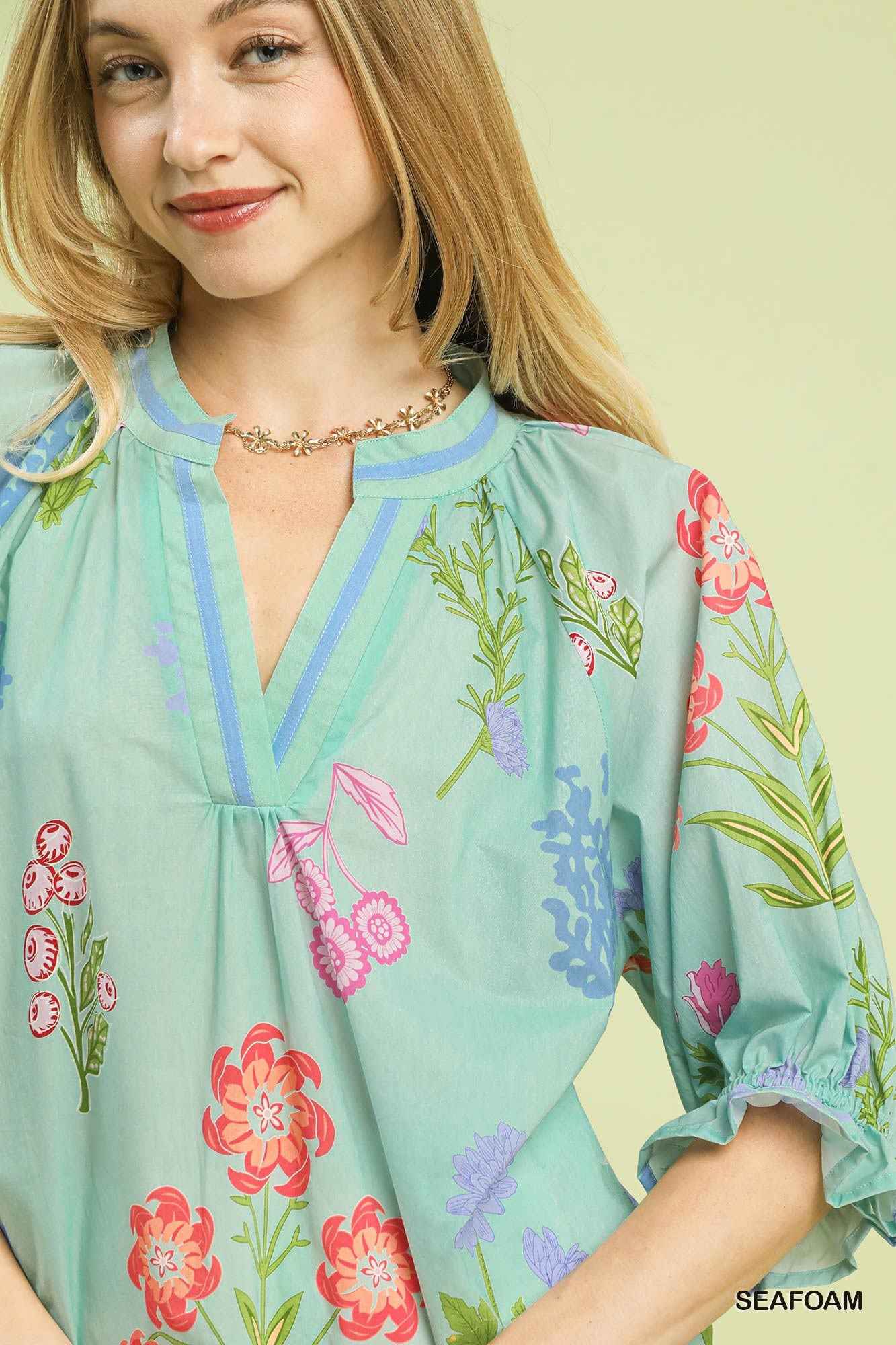 Umgee Floral Split Neck Puff Sleeve Top