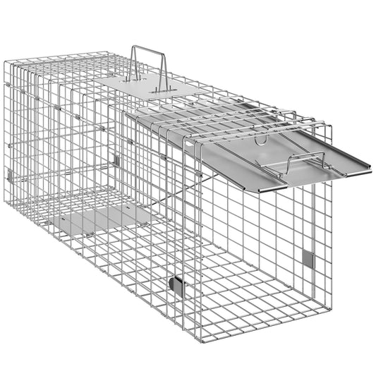 Live Animal Cage Trap, 31' x 10' x 12' Humane Cat Trap Galvanized Iron, Folding Animal Trap with Handle for Rabbits, Stray Cats, Squirrels, Raccoons, Groundhogs and Opossums
