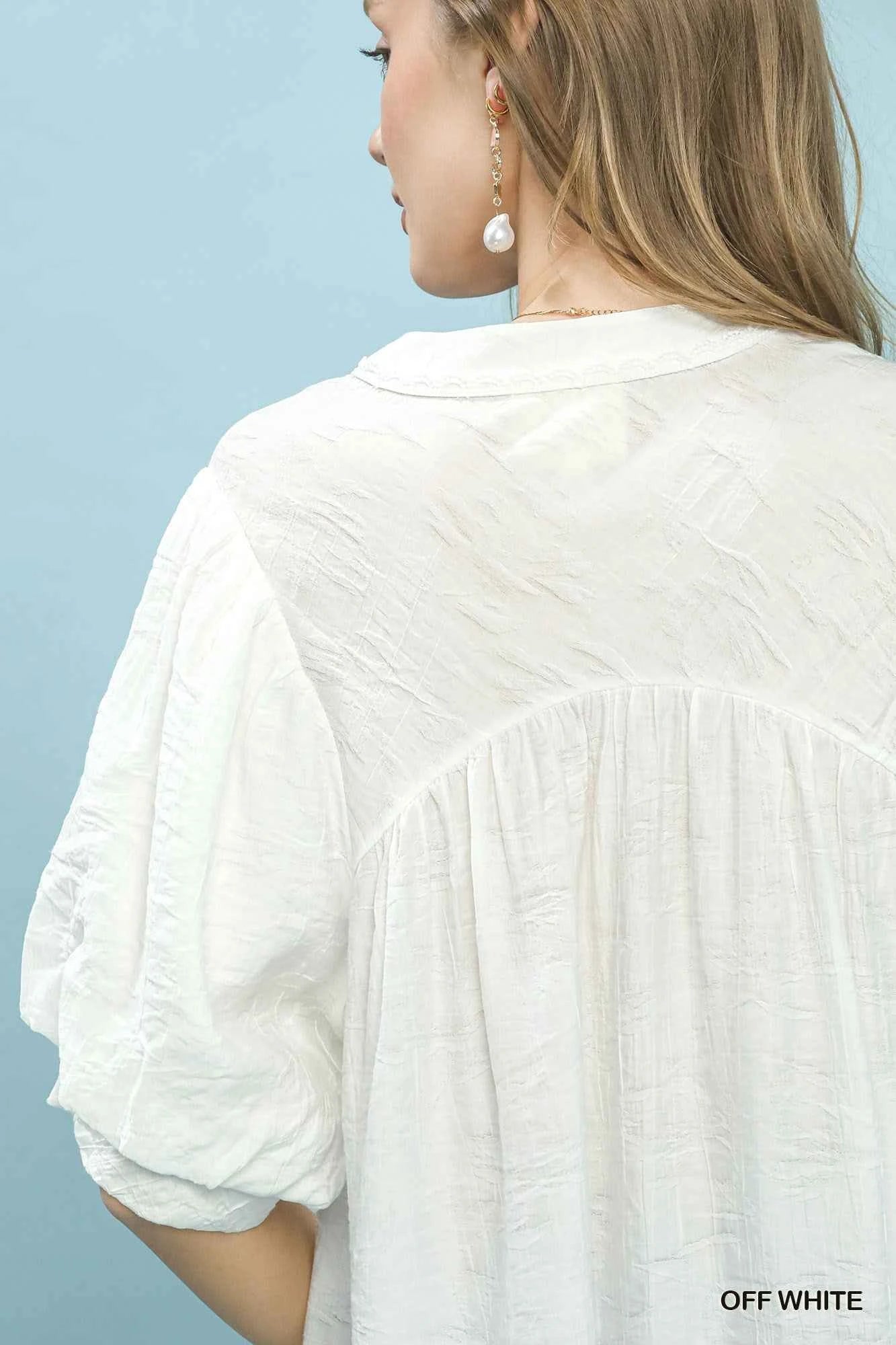 Umgee Textured Lace Trim V-Neck Boho Blouse