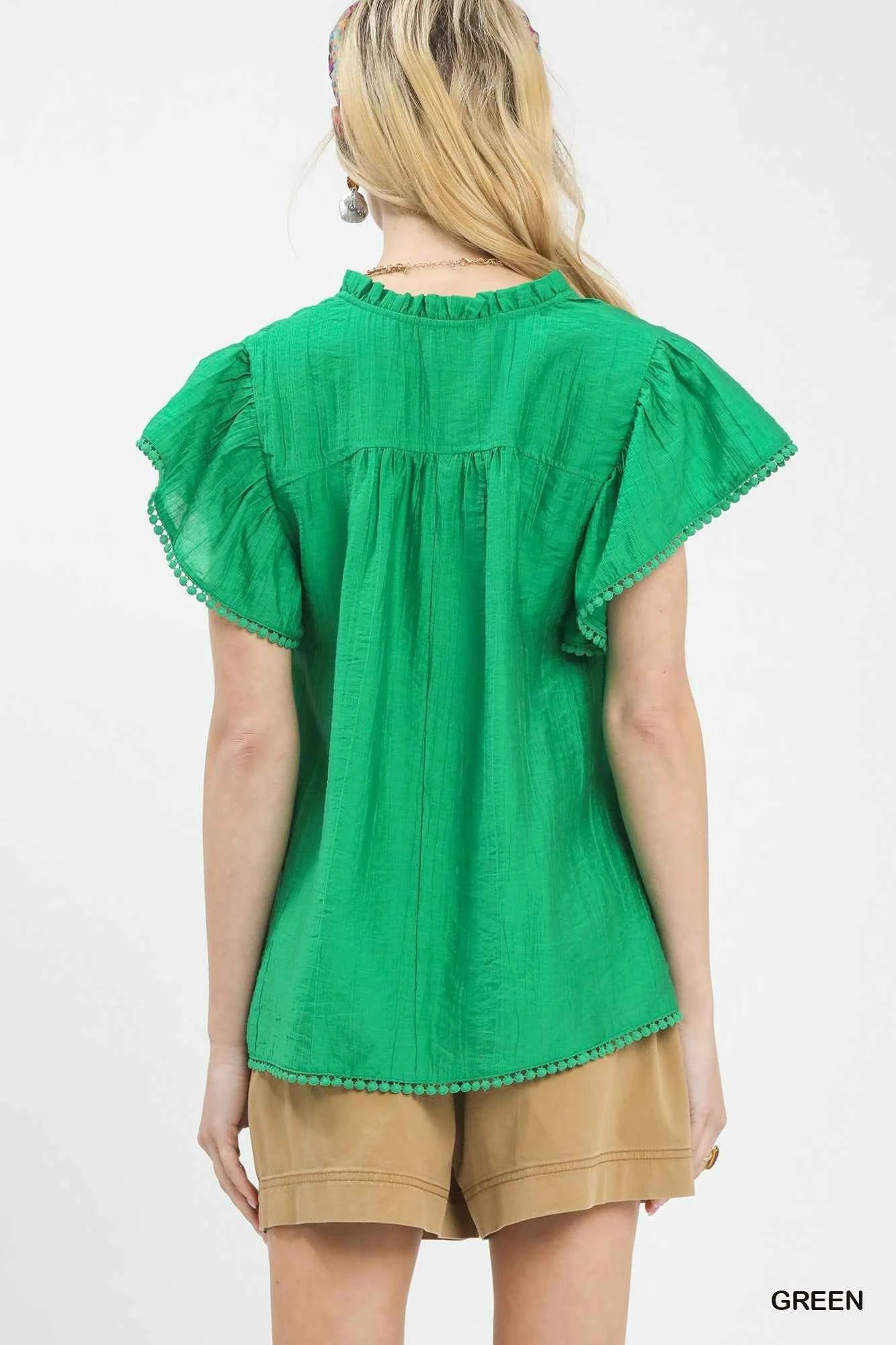 Umgee Flutter Sleeve Relaxed Top with Trim Detail