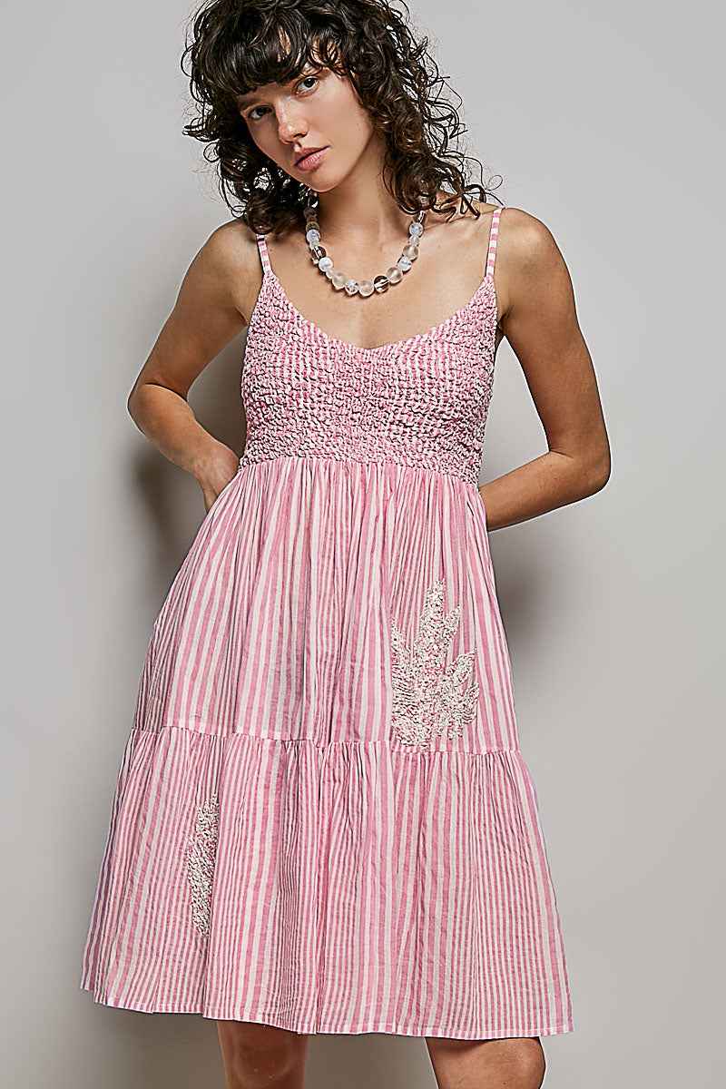 POL Striped Smocked Embroidered Mini Dress