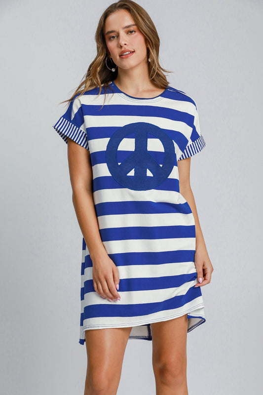 Umgee Peace Applique Striped Short Sleeve Mini Dress