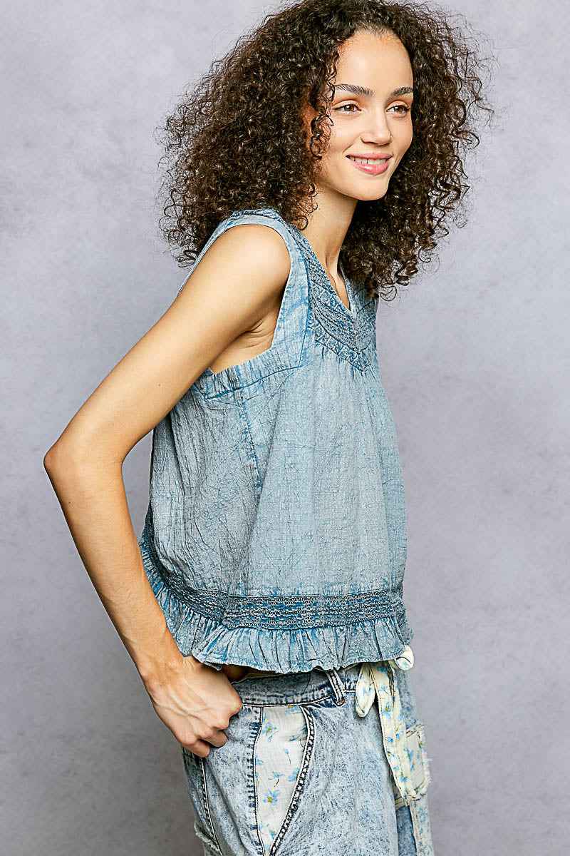 POL Button Closure on Back Ruffled Sleeveless Cotton Blouse with Trim Detail