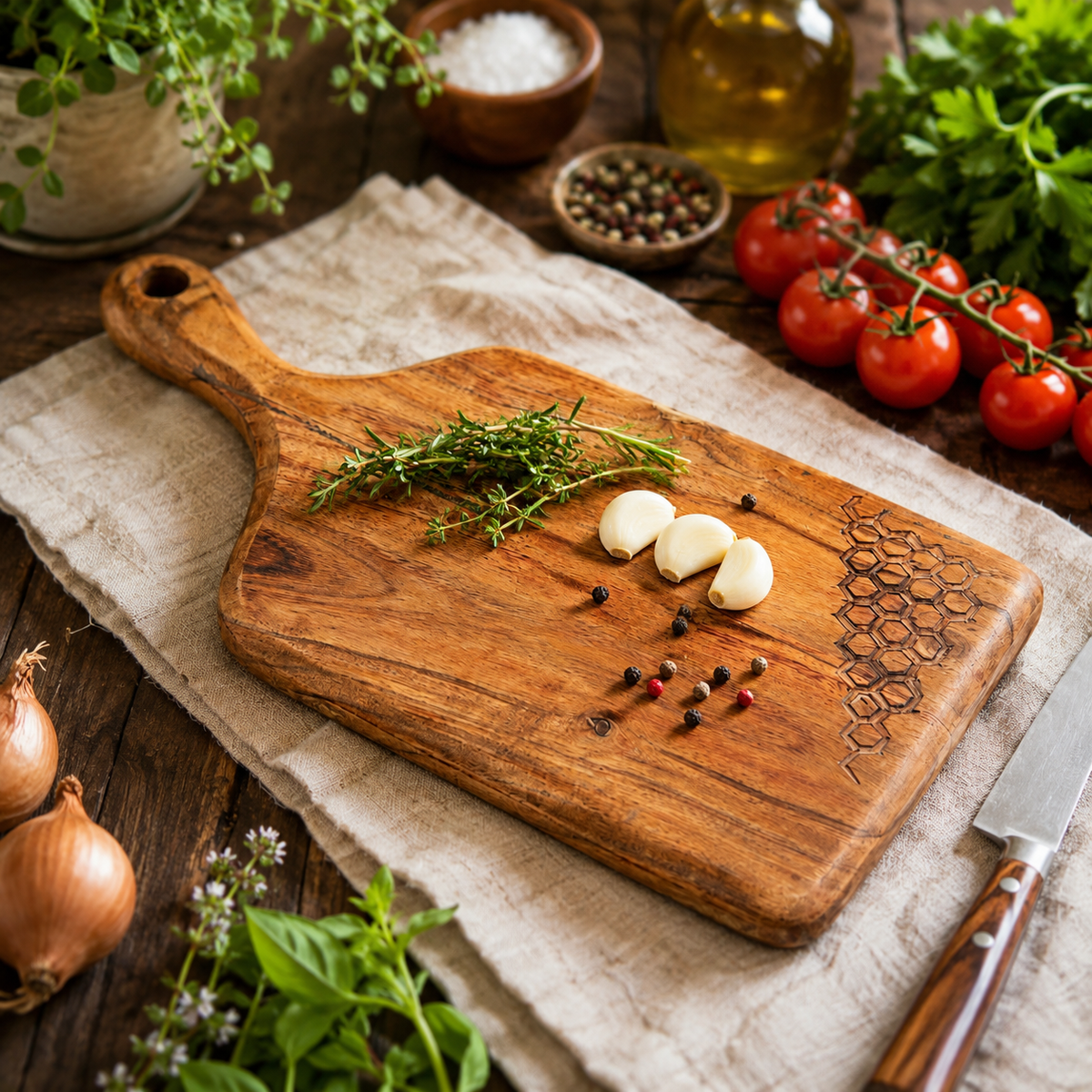 Acacia Wood Cutting Board with Handle, Handcrafted Wooden Chopping Board, Natural Finish Serving Board for Cheese, Bread, Fruits & Charcuterie, Decorative Paddle Board, 6.75 x 0.75 x 14 Inches