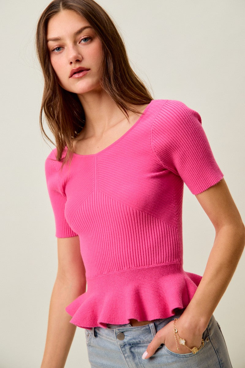 SO ME Ribbed Knit Short Sleeves Peplum