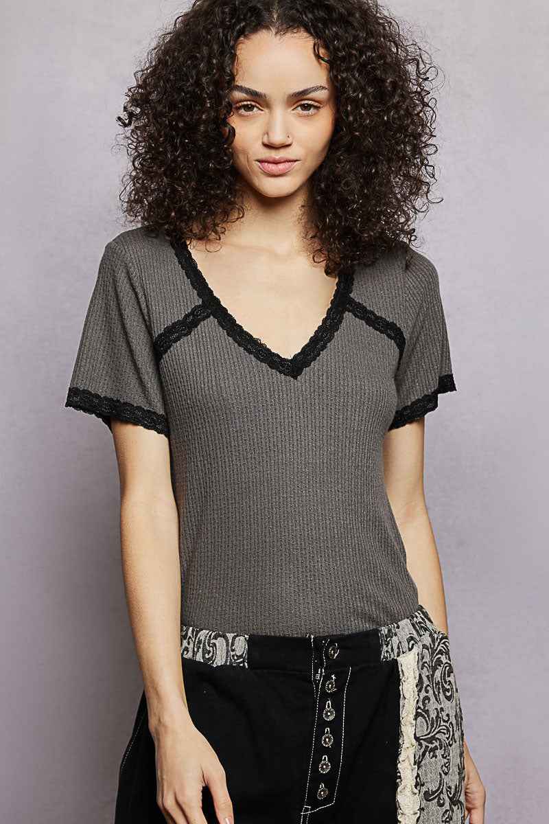 POL Lace Detail V-Neck Short Sleeve Textured T-Shirt