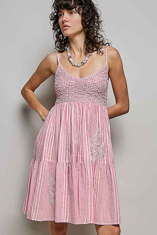 POL Striped Smocked Embroidered Mini Dress