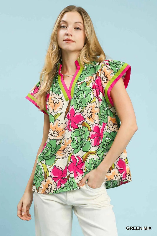 Umgee Floral Print Blouse with Contrast Trim