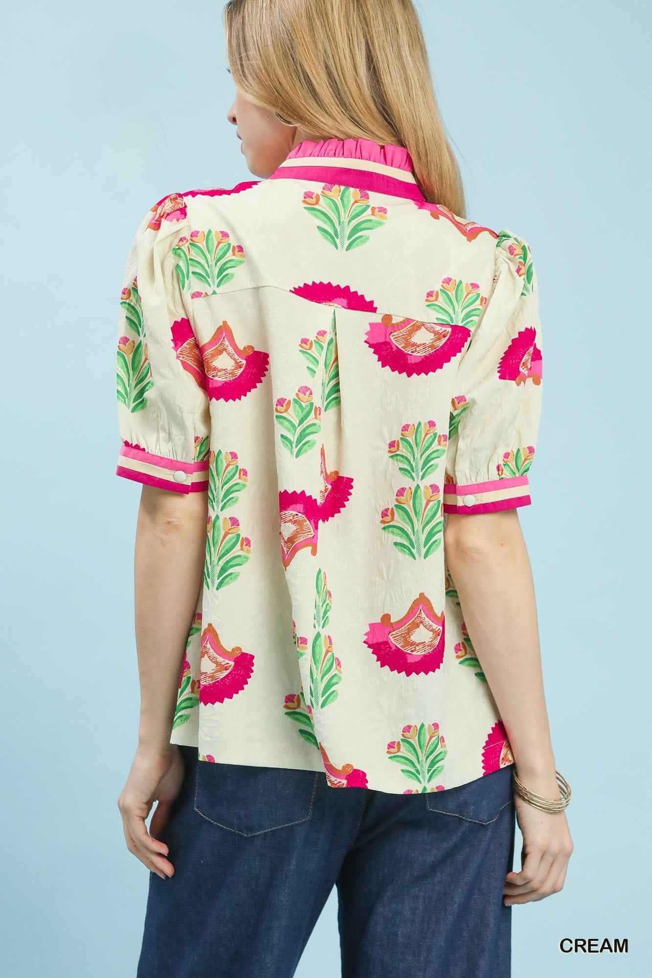 Umgee Print Puff Sleeve Blouse with Contrast Trim