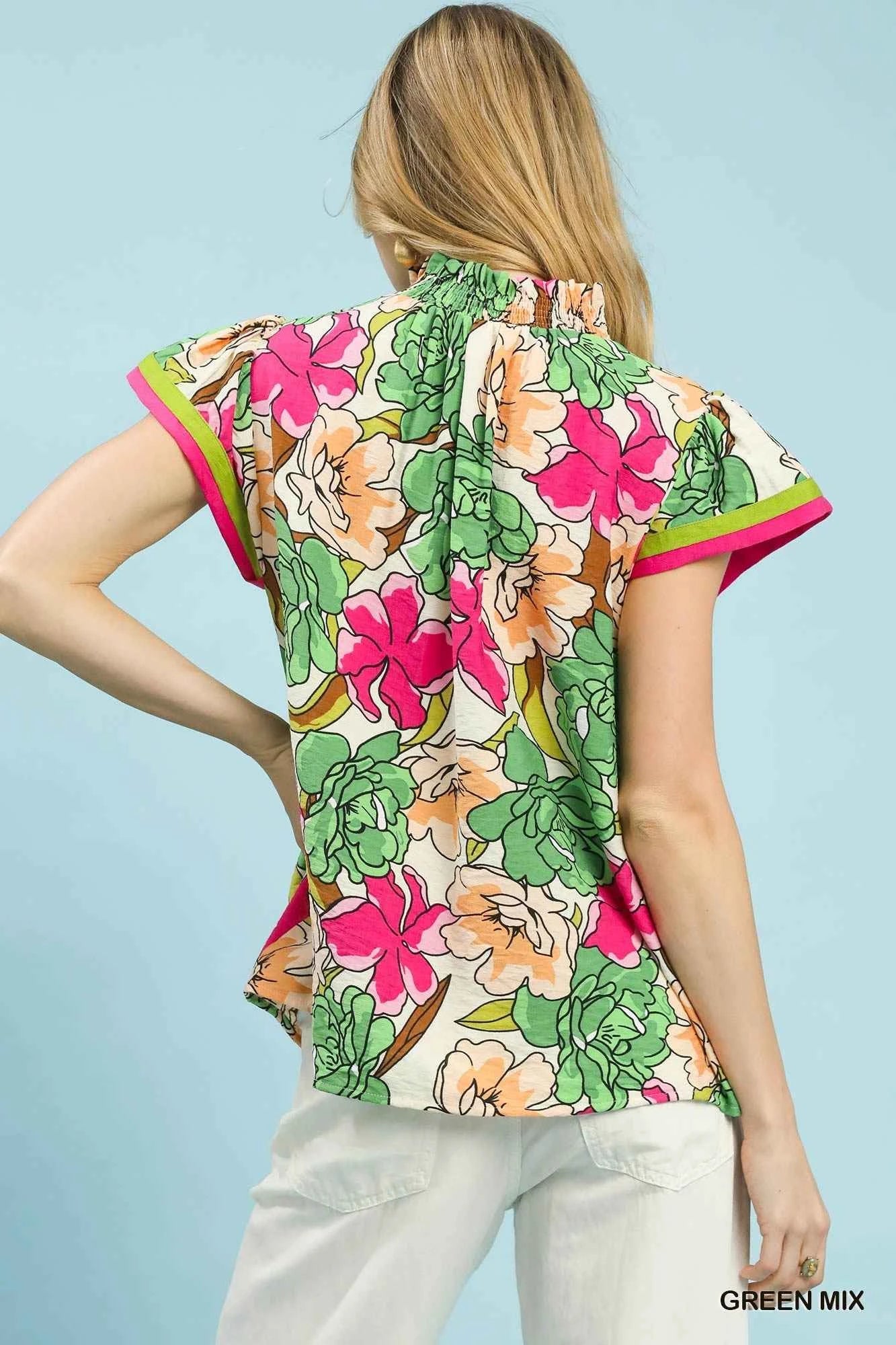 Umgee Floral Print Blouse with Contrast Trim