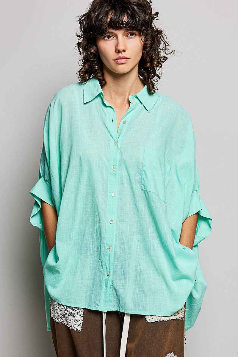 POL Button Down Half Dolman Sleeve Shirt