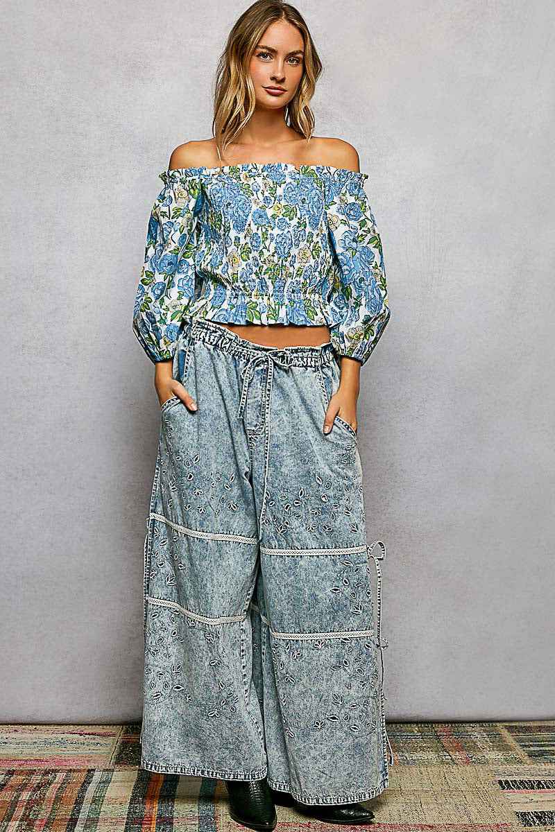 POL Floral Print Smocked Off-Shoulder Blouse