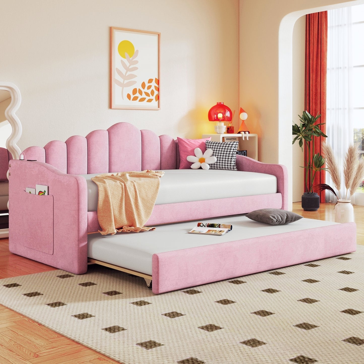 Twin size Upholstered Daybed with Trundle ,Velvet Sofabed with USB Charging Ports,No Box-spring Needed,Pink(Old SKU HL000067AAH)