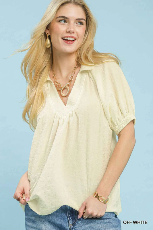 Umgee Textured Trim Detail Short Sleeve Top