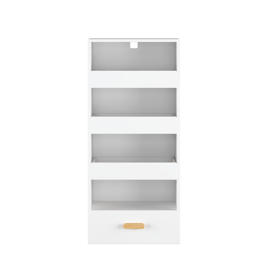 4-Tier Freestanding Bookshelf with 3 Sliding Drawers and 1 Bottom Drawer in White, Engineered Wood