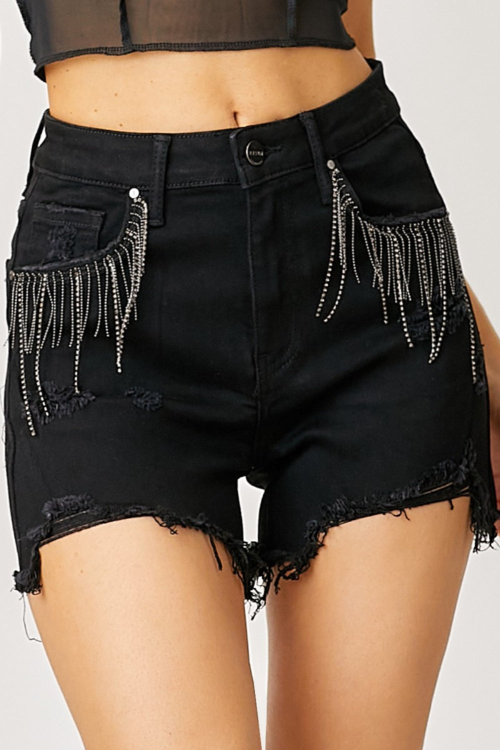 RISEN Frayed Hem Denim Shorts with Fringe Detail Pockets