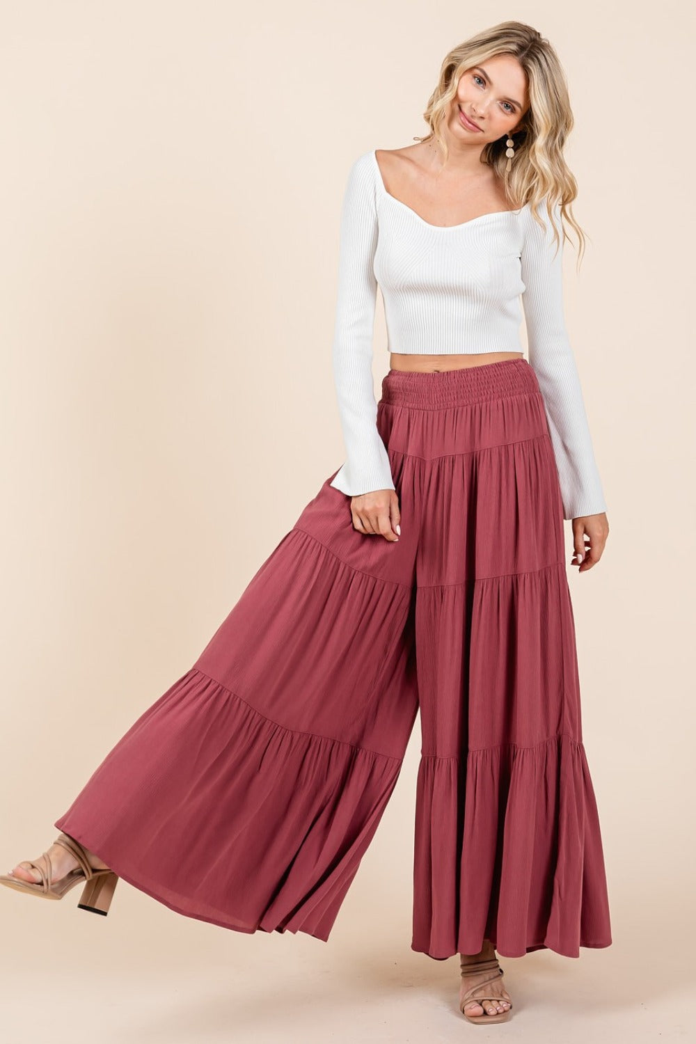 Mittoshop Tier Detail Smocked Elastic Waist Wide Leg Pants