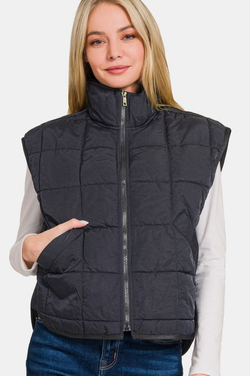 Zenana Zip Up Cropped Puffer Vest with Pockets