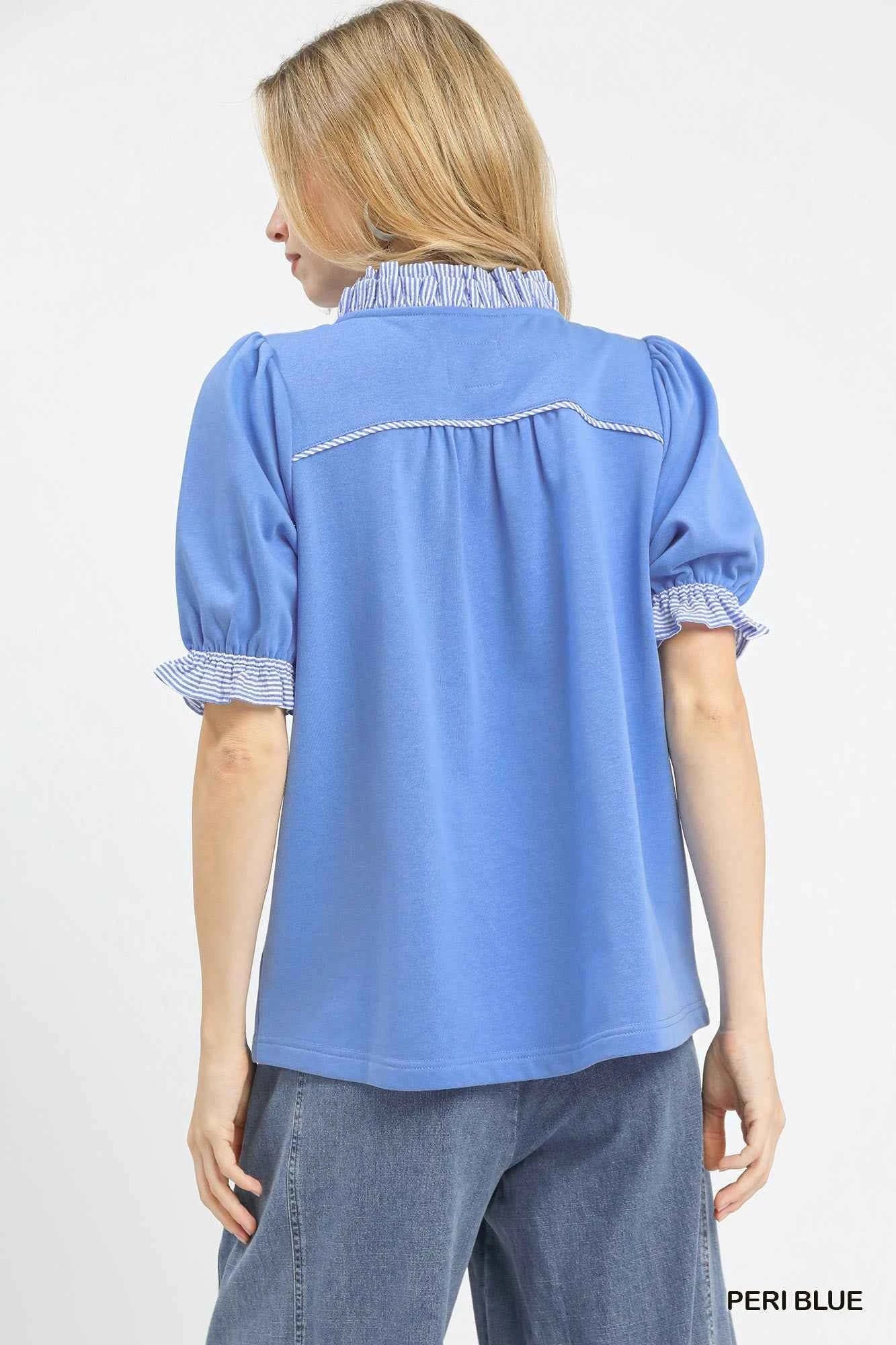 Umgee French Terry Ruffle Trim Puff Sleeve Top