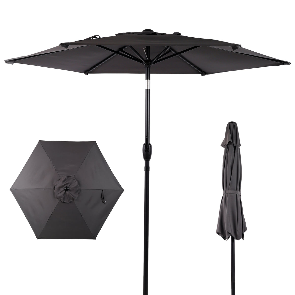 10FT Patio Umbrella, Outdoor Market Yard Umbrella, Sun Shade Umbrella with Push Button Tilt and Crank Mechanism for Garden, Deck, Pool and Backyard, Not Include Umbrella Base,Grey