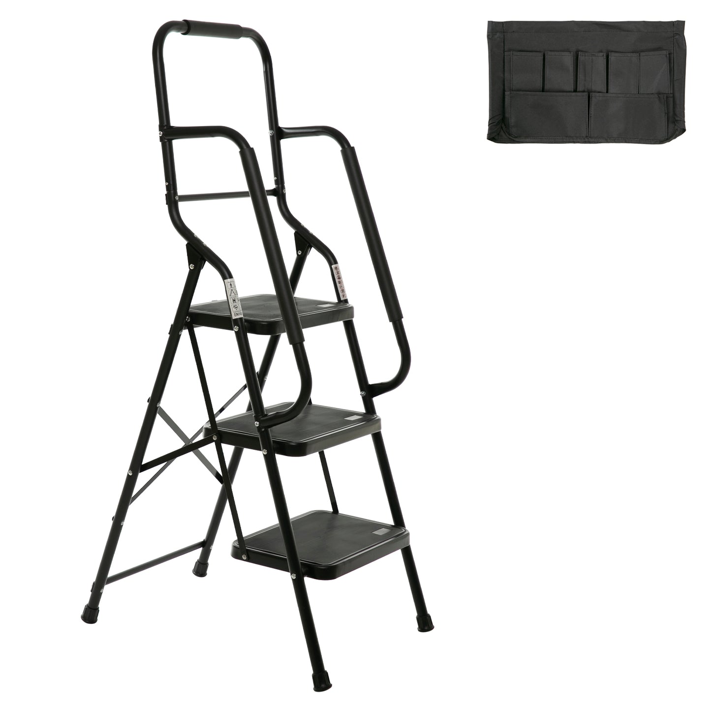 3 Step Ladder with Handrails 500 lb Capacity Step Stool Folding Ladders for Home Kitchen Steel Frame with Safety Side Handrails Non-Slip Wide Pedal Stepladder with Attachable Tool Bag Black