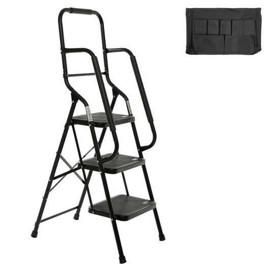 3 Step Ladder with Handrails 500 lb Capacity Step Stool Folding Ladders for Home Kitchen Steel Frame with Safety Side Handrails Non-Slip Wide Pedal Stepladder with Attachable Tool Bag Black