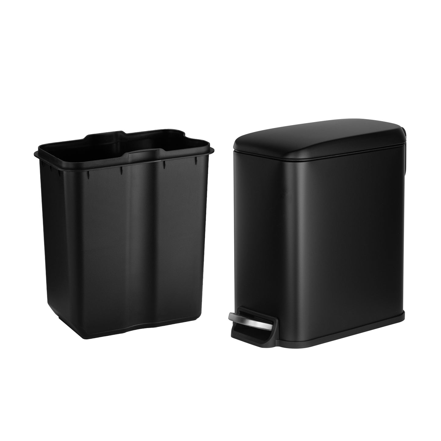 Slim Bathroom Trash Can, 11.4 x 5.71 x 10.7 Inch Small Bedroom Trashcan with Step Pedal & Soft Close Lid, 6L Steel Garbage Can with Detachable Inner Bin, for Kitchen, Home, Dorm, Office, Black