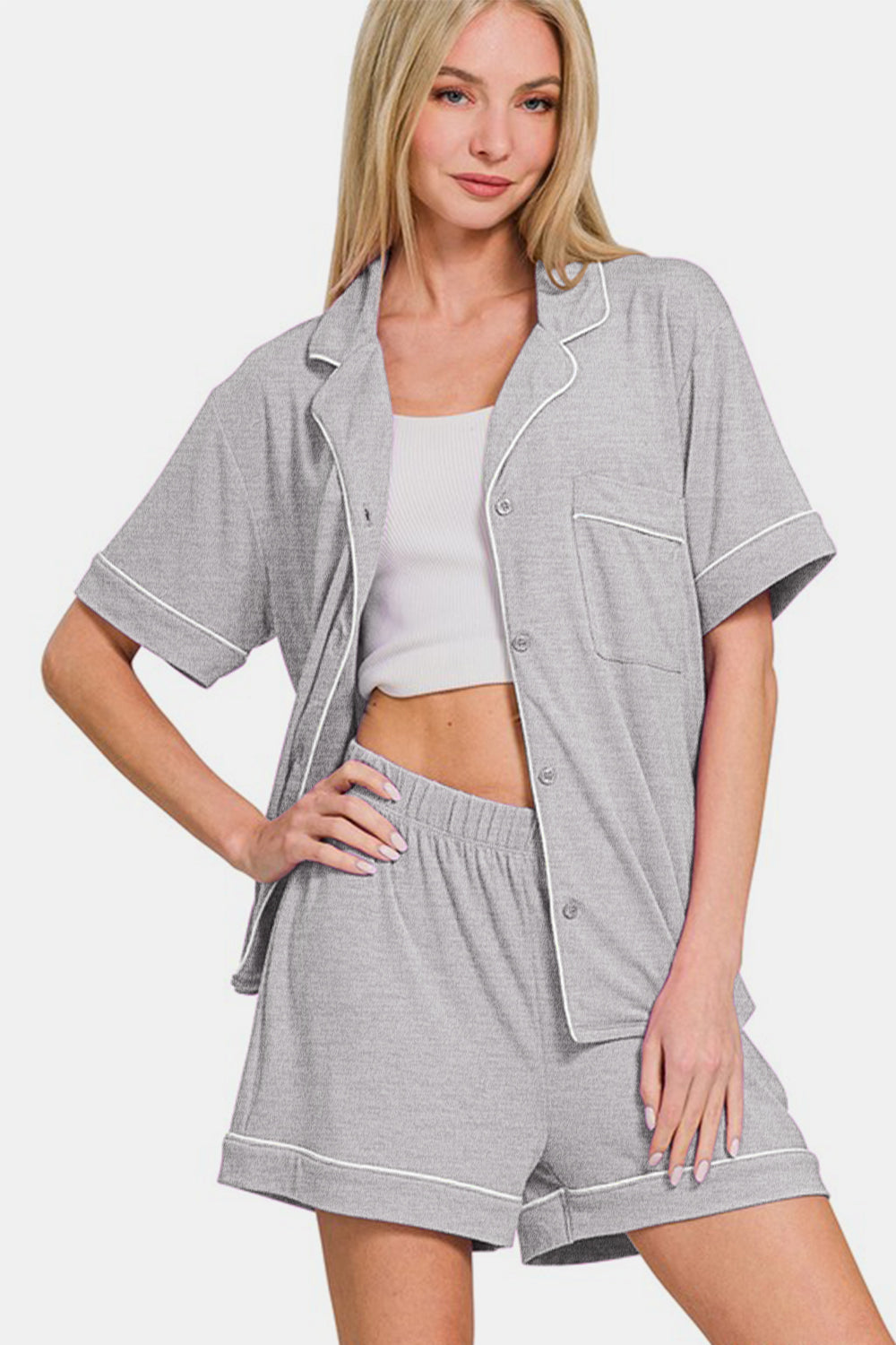 Zenana Button Down Short Sleeve Top and Shorts Lounge Set