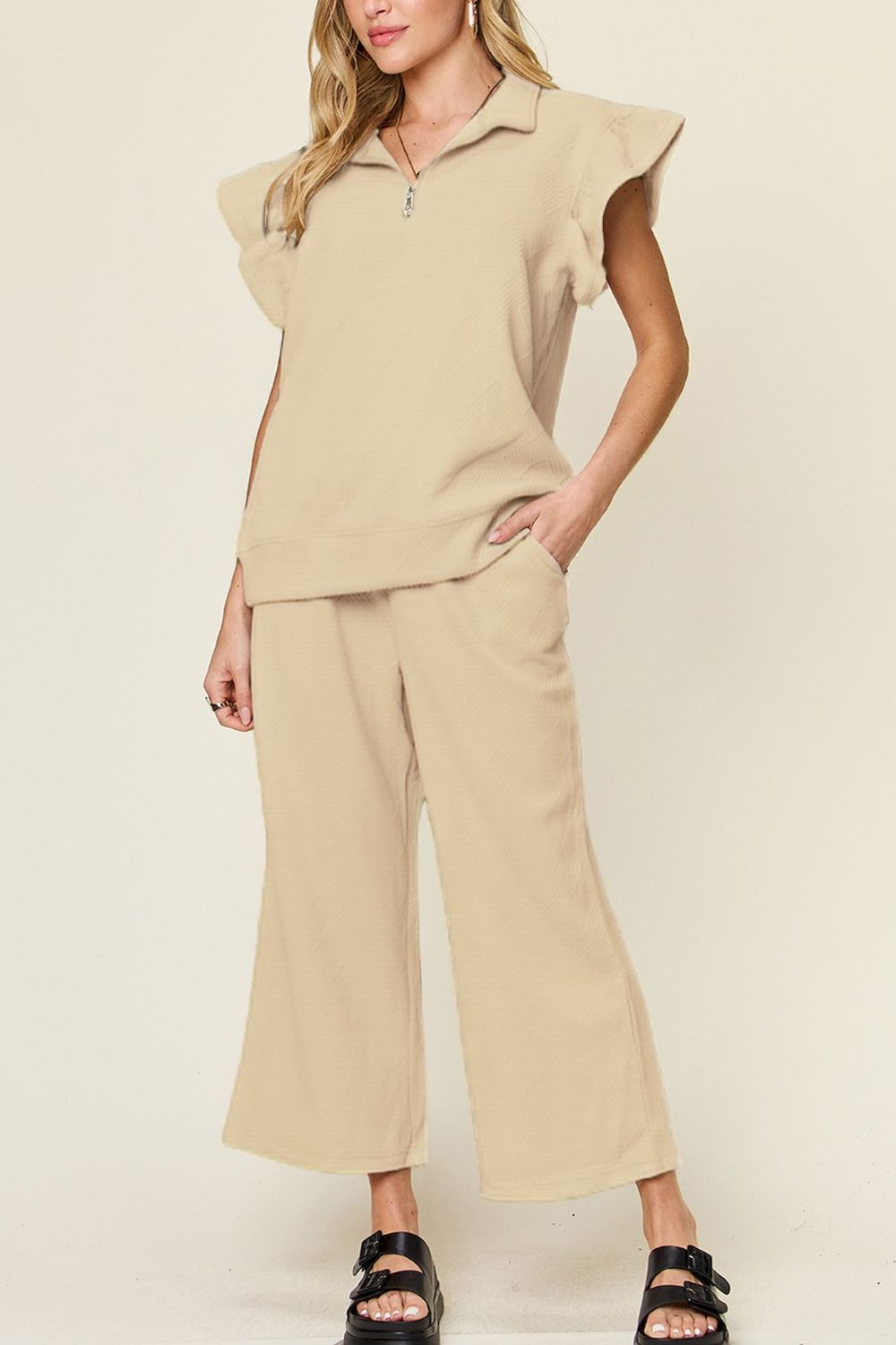 Double Take Texture Ruffle Short Sleeve Top and Drawstring Wide Leg Pants Set