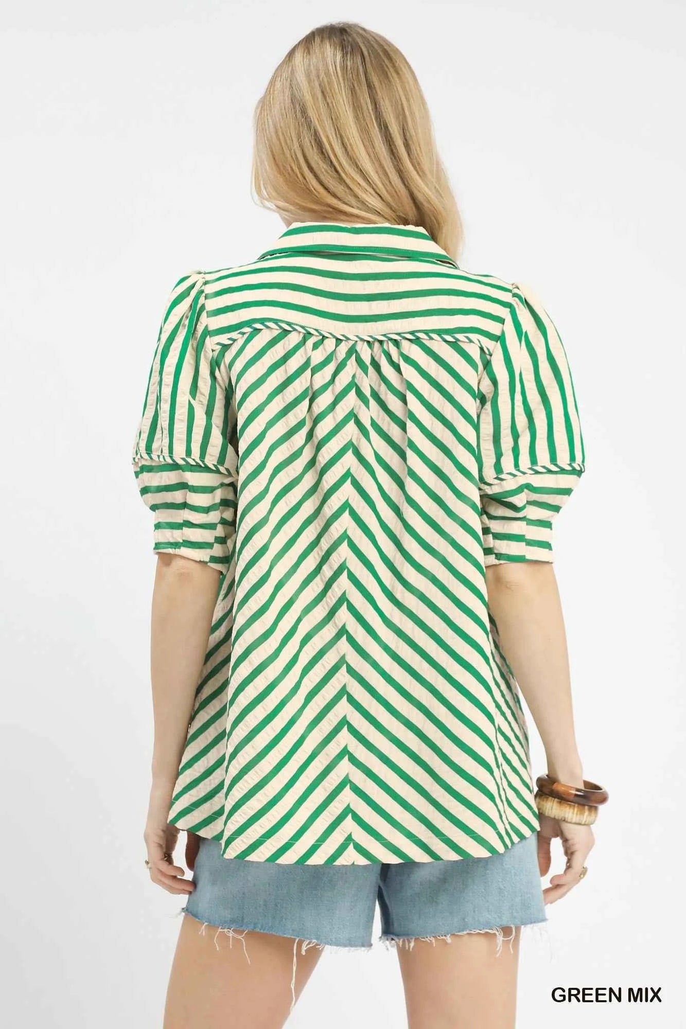 Umgee Striped Puff Sleeve Blouse