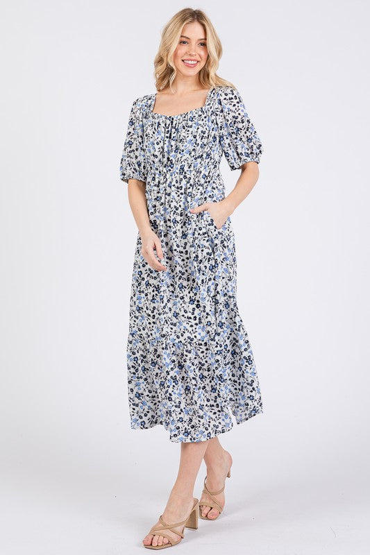 Ces Femme Floral Square Neck Puff Sleeve Midi Dress