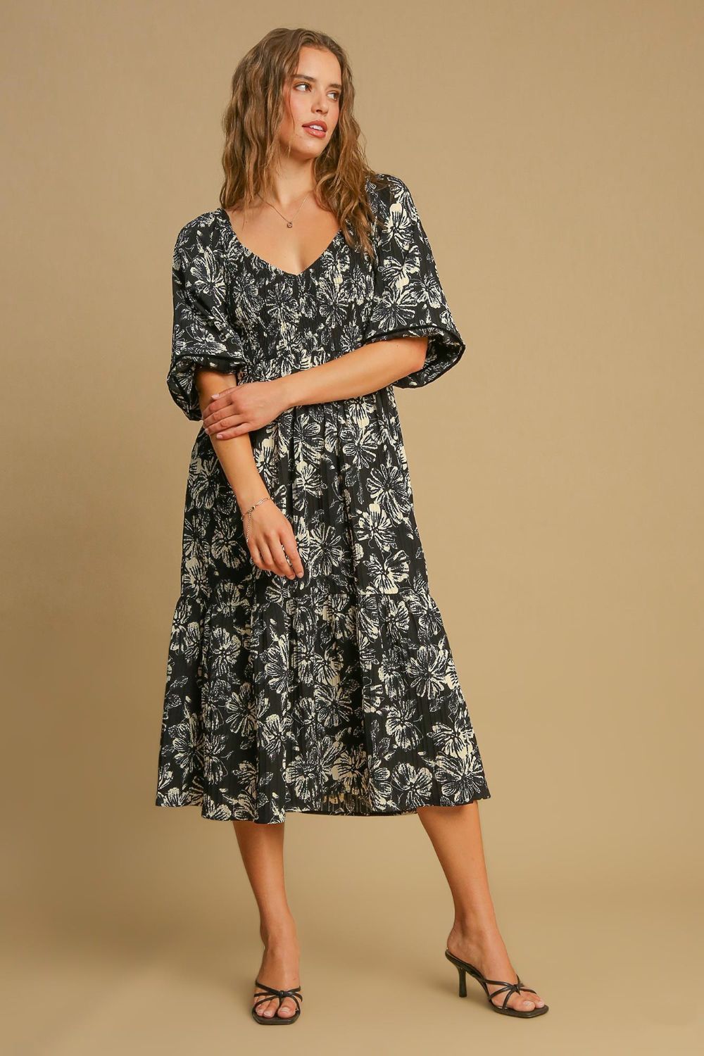 Umgee Ruffle Hem Flower Printed V-Neck Dress