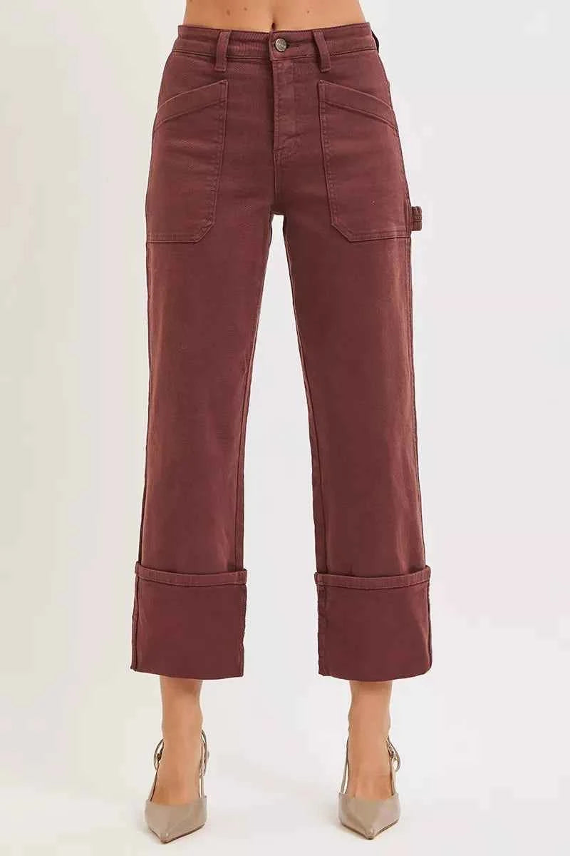 RISEN Full Size High Rise Wide Straight Cuffed Patch Jeans Plus Size
