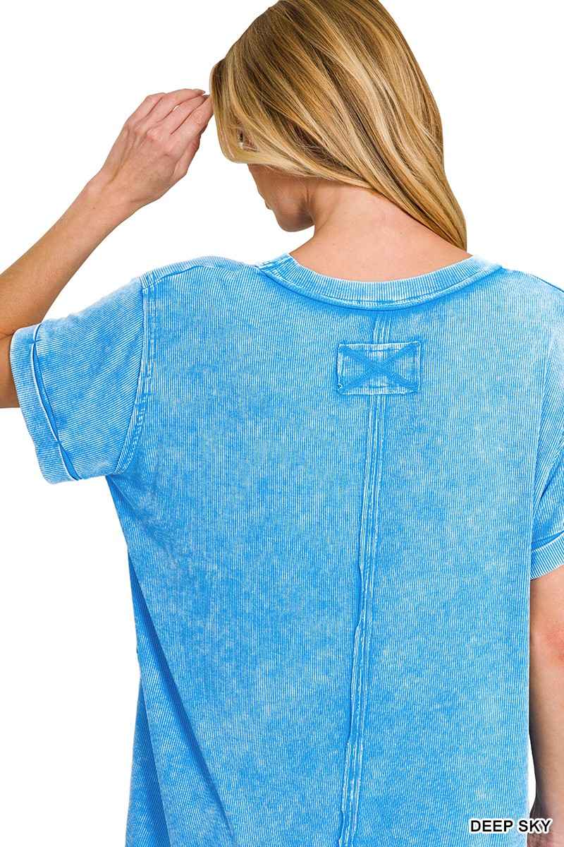 Zenana Washed Ribbed Cuffed Short Sleeve Round Neck Top