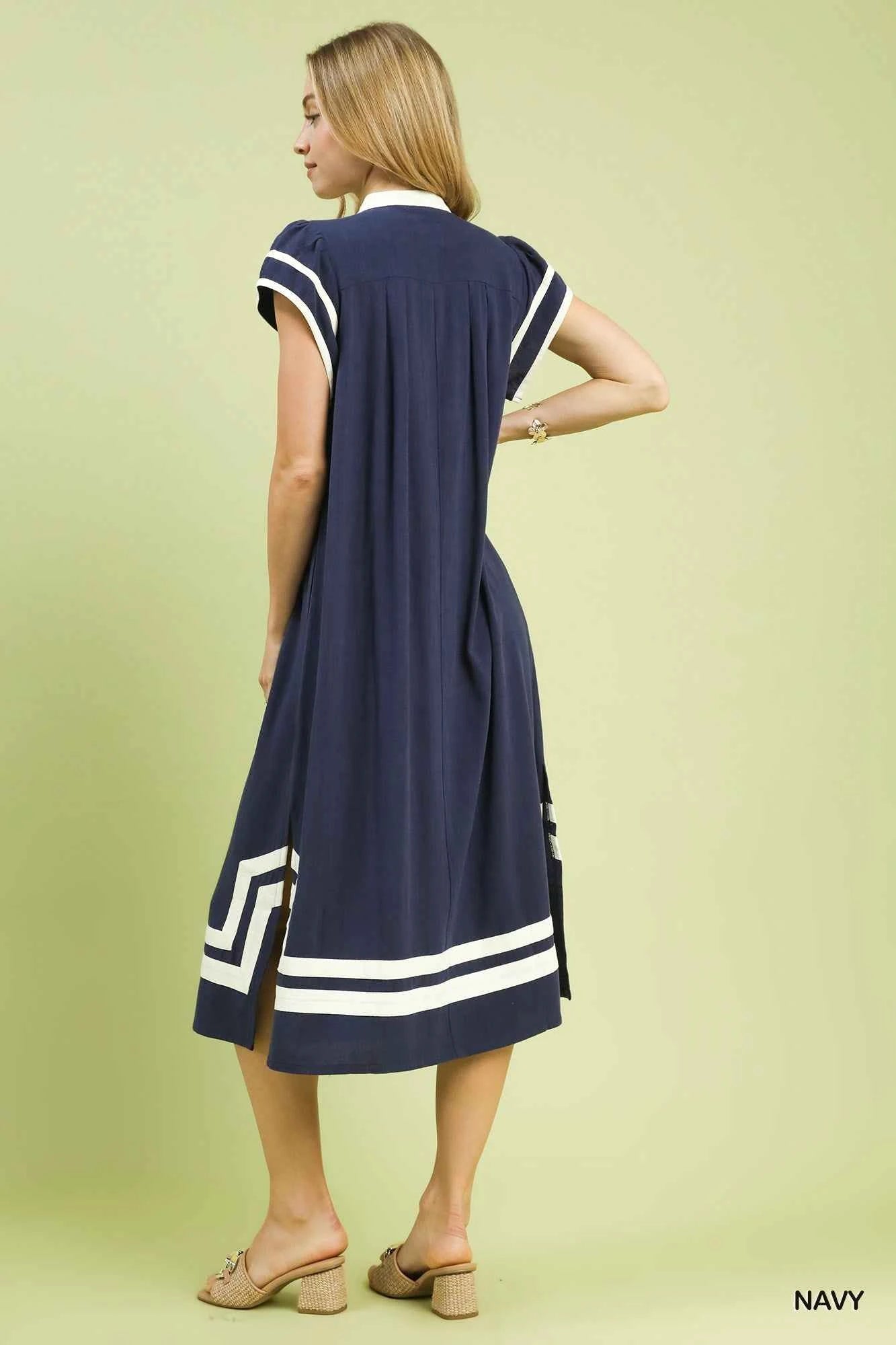 Umgee Linen Cotton Contrast Neckline Midi Dress