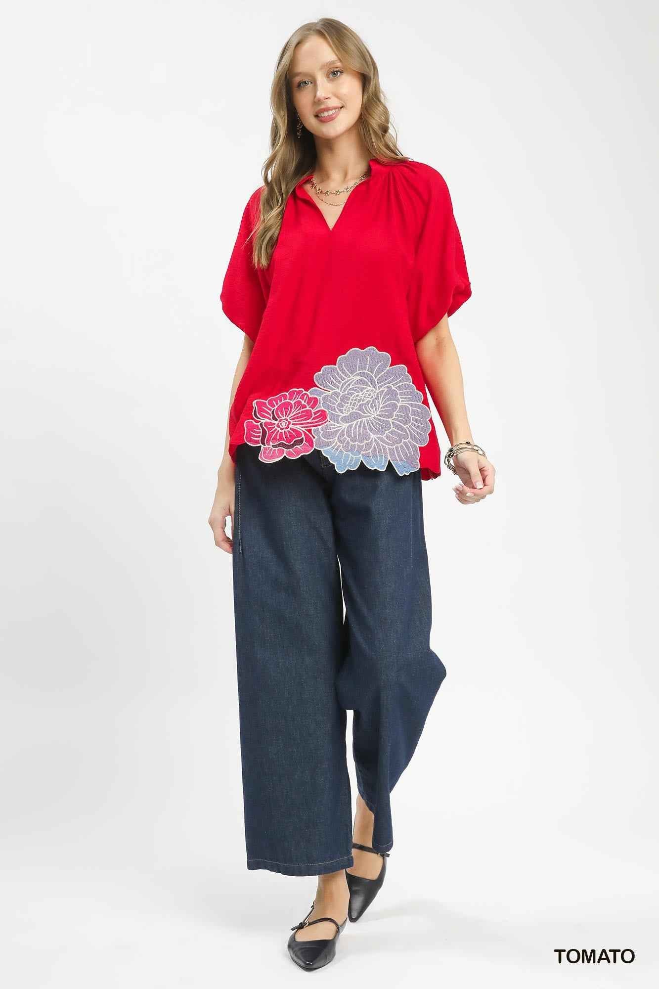 Umgee Floral Embroidered Hem Blouse