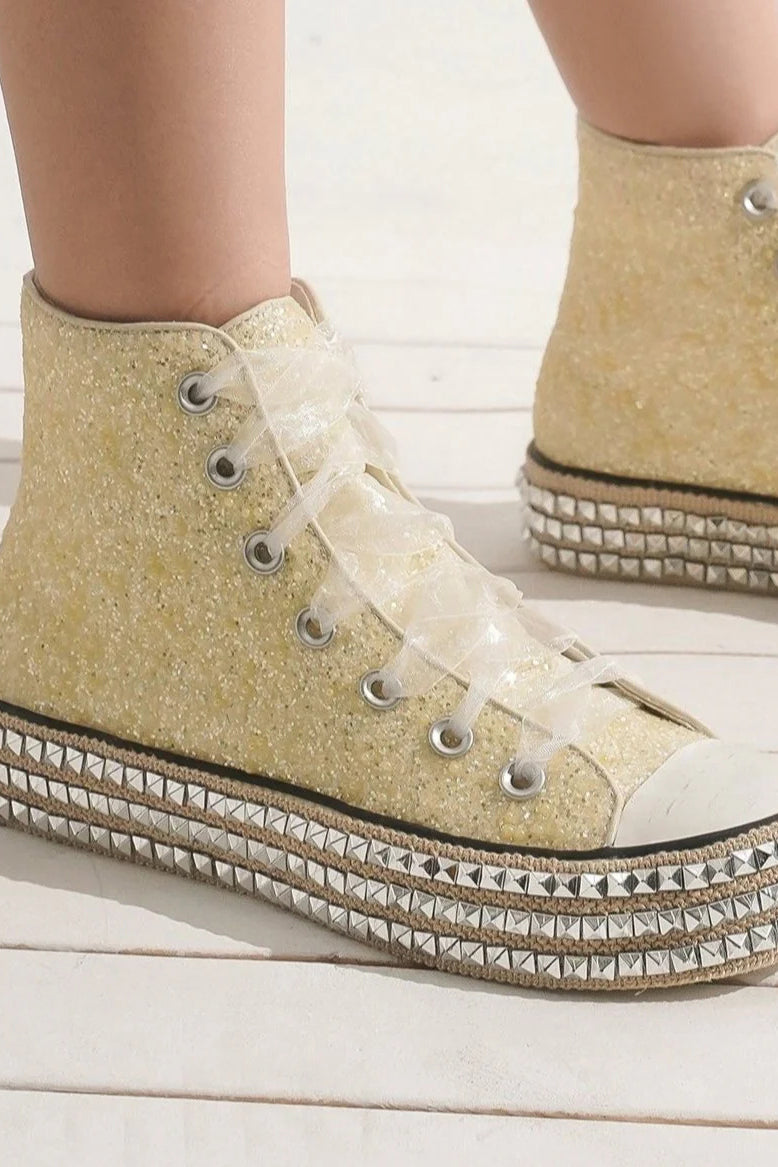 Beast Fashion Glitter Lace-Up Studded Platform Sneakers