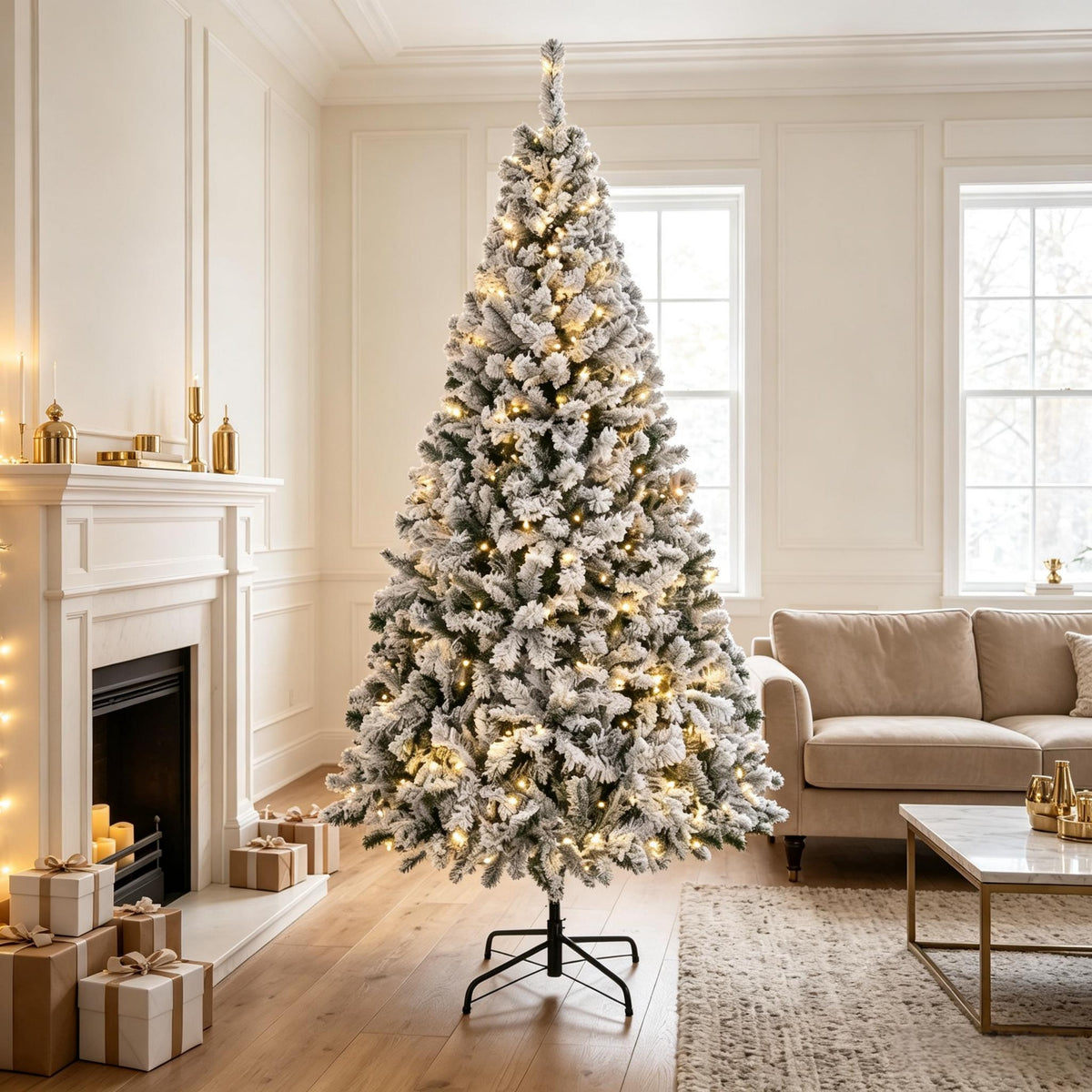 7.5 ft Pre‑Lit Flocked Fraser Fir Artificial Christmas Tree, Hinged Branches with Integrated LED Lights, Foldable Metal Base in Green and White Winter Finish