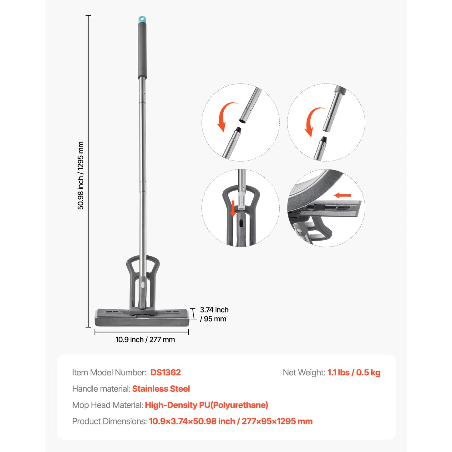 High-Density PU Sponge Mop with stainless steel handle and detailed specifications for easy cleaning.