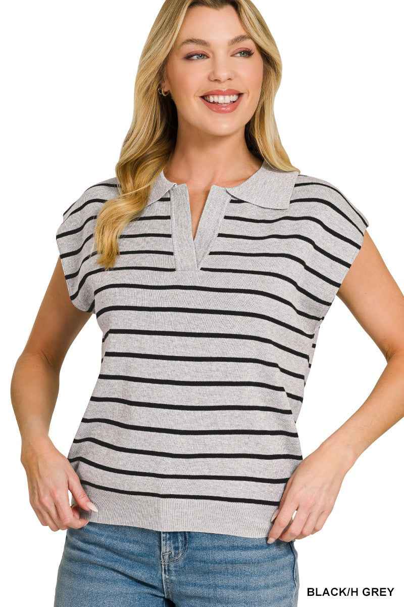 Zenana Viscose Striped Collared Sweater Vest